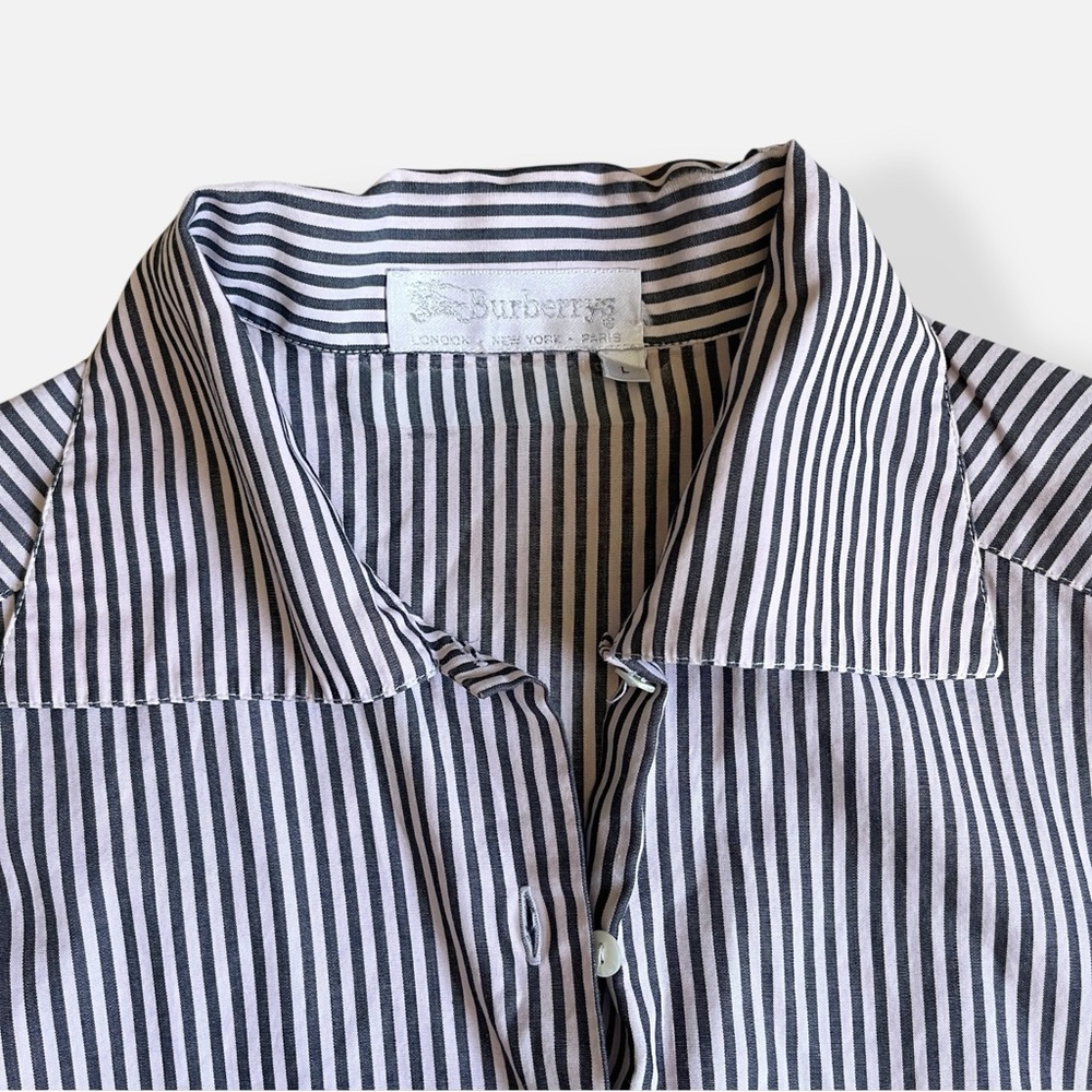 Vintage 90s Burberrys Navy and Nude Striped Blouse Button Front Shirt Large - Picture 7 of 12
